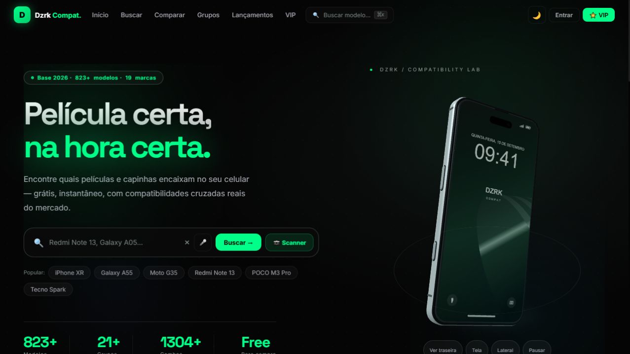 Site DZRK Compatíveis, projeto de consulta de películas e capinhas